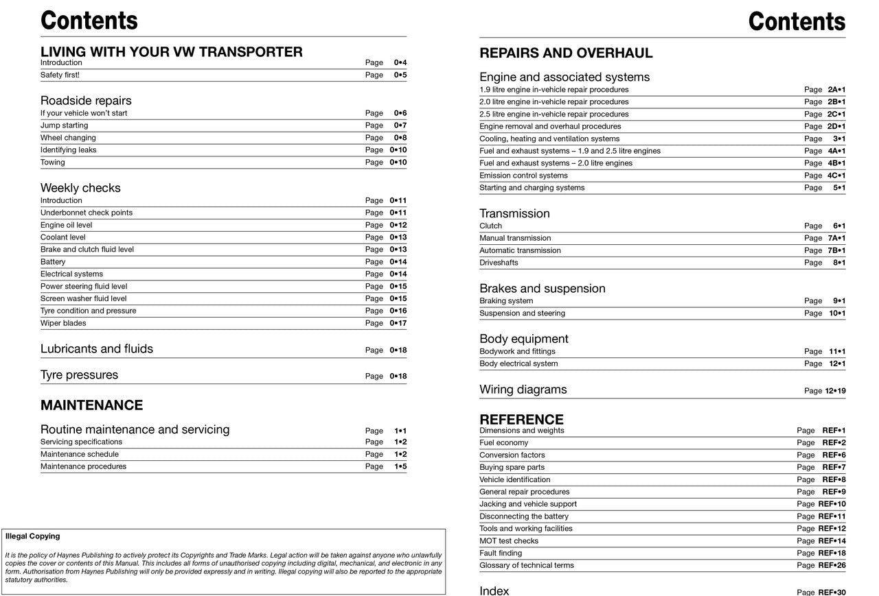 Workshop manual contents page listing maintenance, repairs, and references sections.