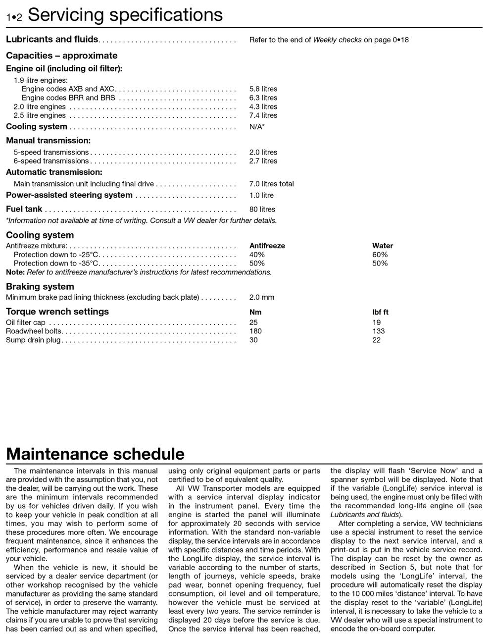 Servicing specifications page with tables for engine, cooling system, and fuel tank.