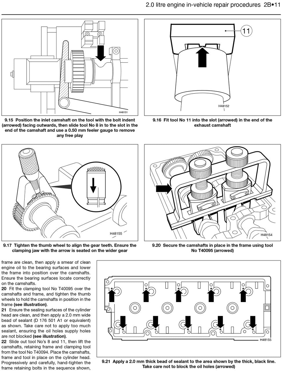 Engine repair procedure page with line drawings showing tool use and component placement.