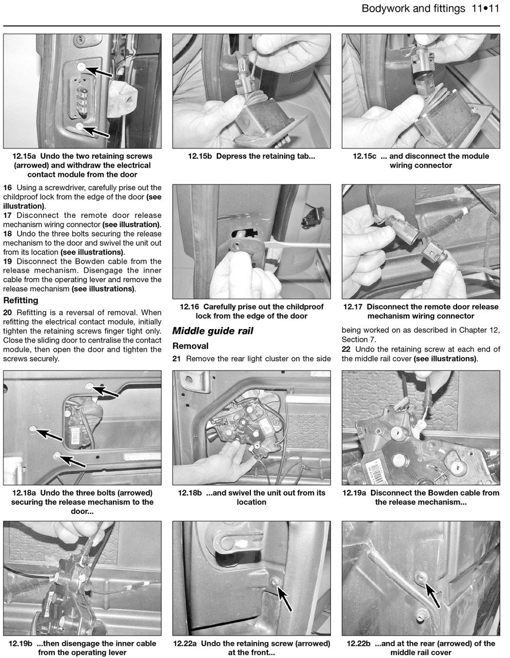 Maintenance and fitting procedure page with step photos and callouts for bodywork.
