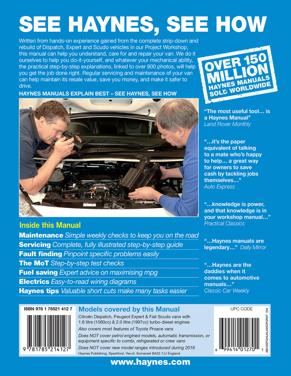 Haynes workshop manual cover with technician under-hood service photo