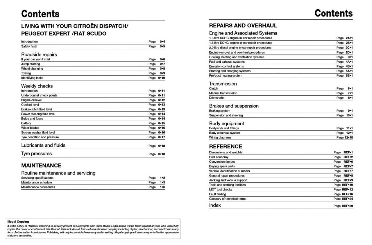 Workshop manual contents pages listing maintenance, repairs, and reference sections