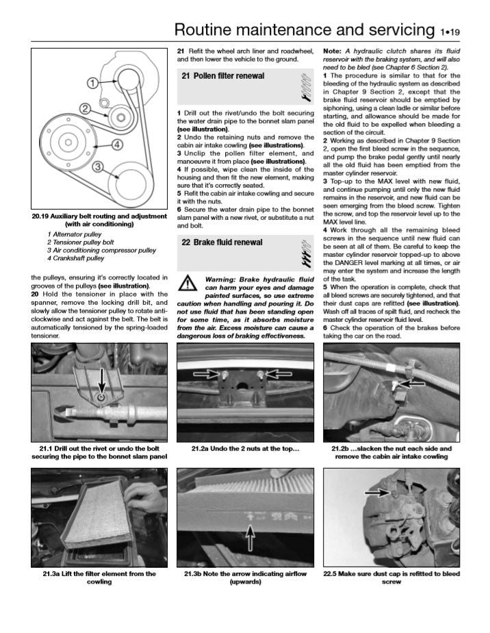 Workshop manual page with routine maintenance steps and brake fluid renewal text