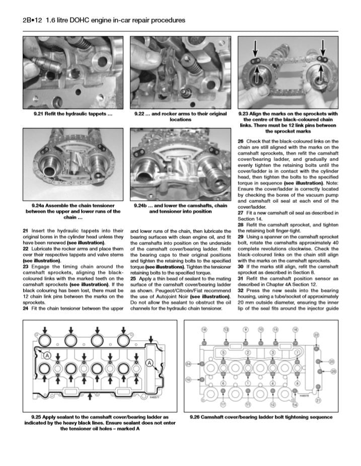 Workshop manual page with engine repair procedure photos and component diagram