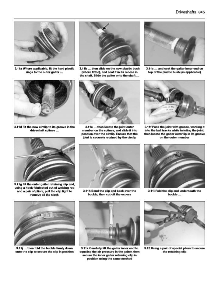Workshop manual page with driveshaft removal and installation step photos