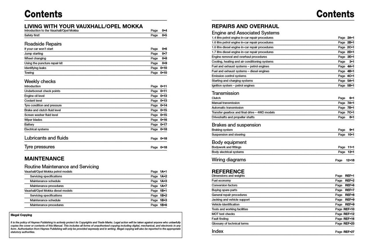 Contents pages in Vauxhall/Opel Mokka owners workshop manual listing sections and pages