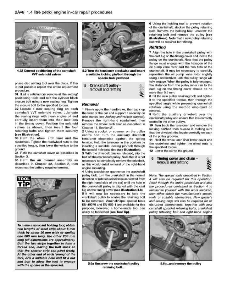 Workshop manual page with engine in-car procedures and removal step diagrams