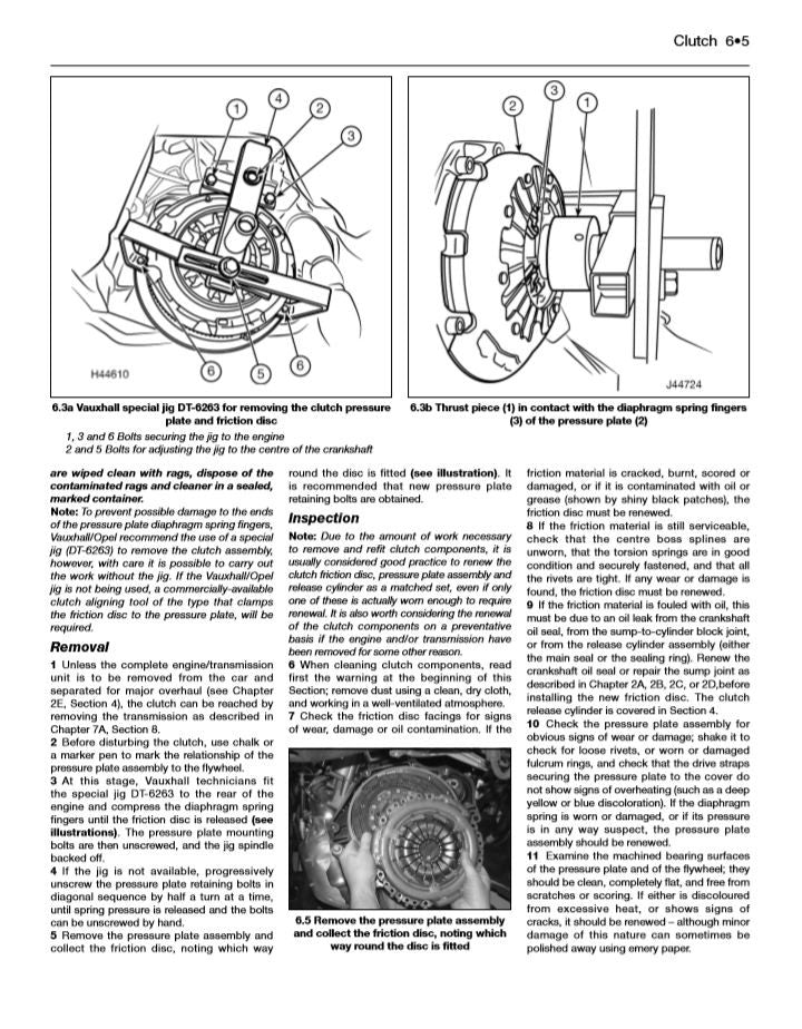Workshop manual page with clutch replacement illustrations and procedure notes