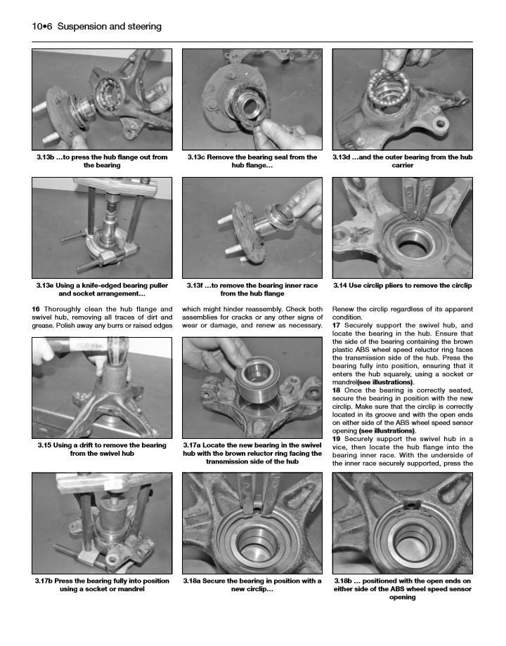 Workshop manual page with suspension and steering repair steps and close-up photos