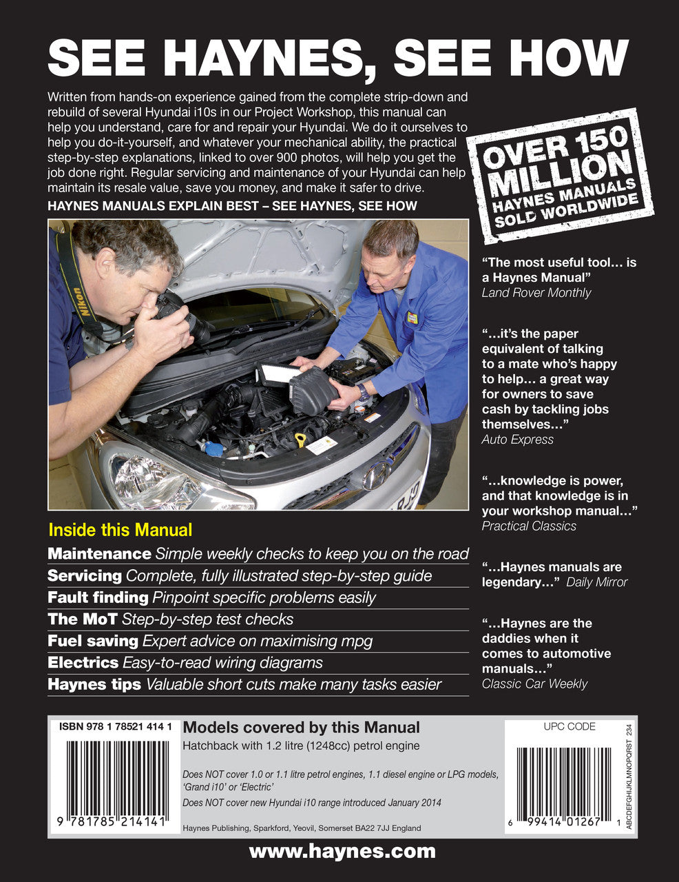 Haynes manual cover showing mechanic working in engine bay with key feature bullets