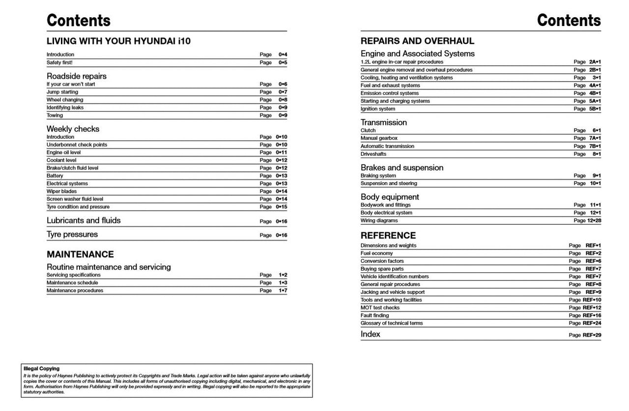 Repair manual contents page listing maintenance, weekly checks, brakes, and reference