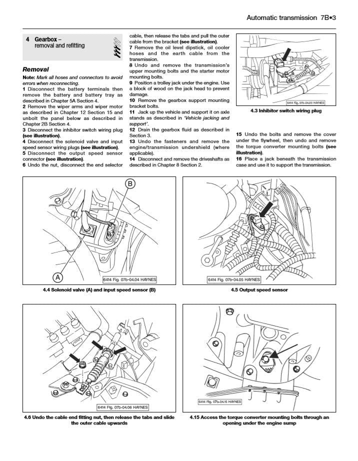 Automatic transmission repair manual page with removal steps and line drawings