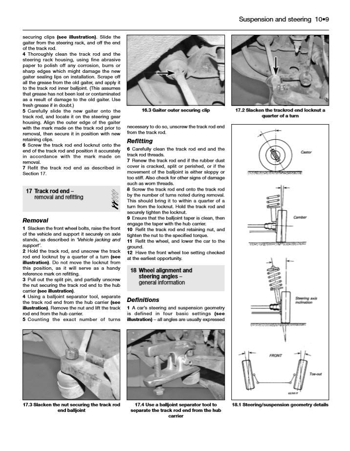 Suspension and steering repair manual page with diagrams and removal steps