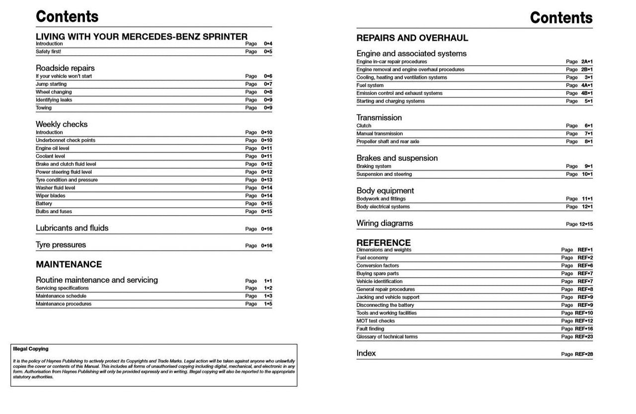 Repair manual contents pages listing sections for engine, transmission, and body