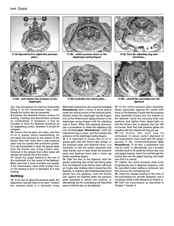 Diesel van repair manual page showing clutch components and hydraulic diagrams