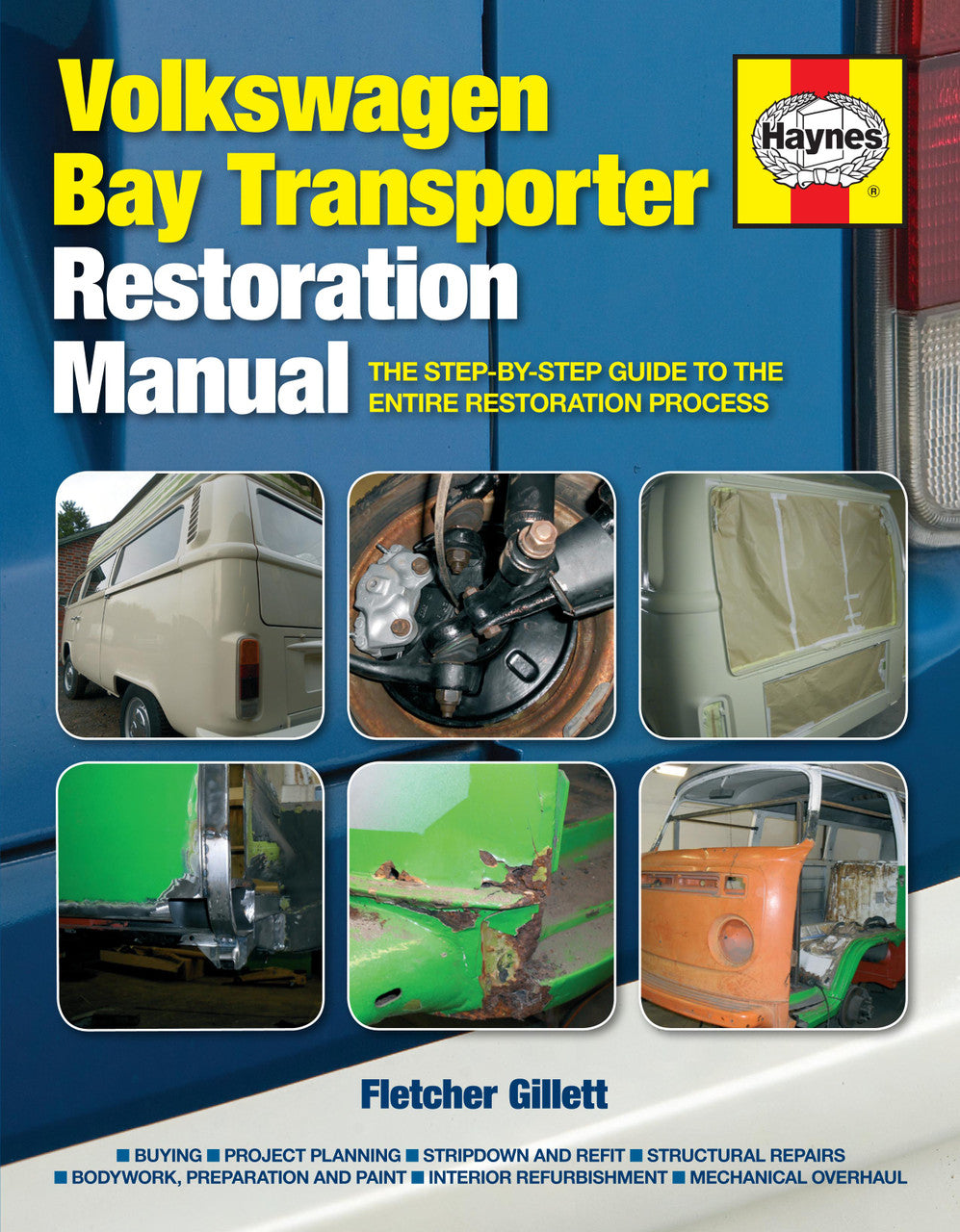 Restoration manual cover with three vehicle detail photos and Haynes logo