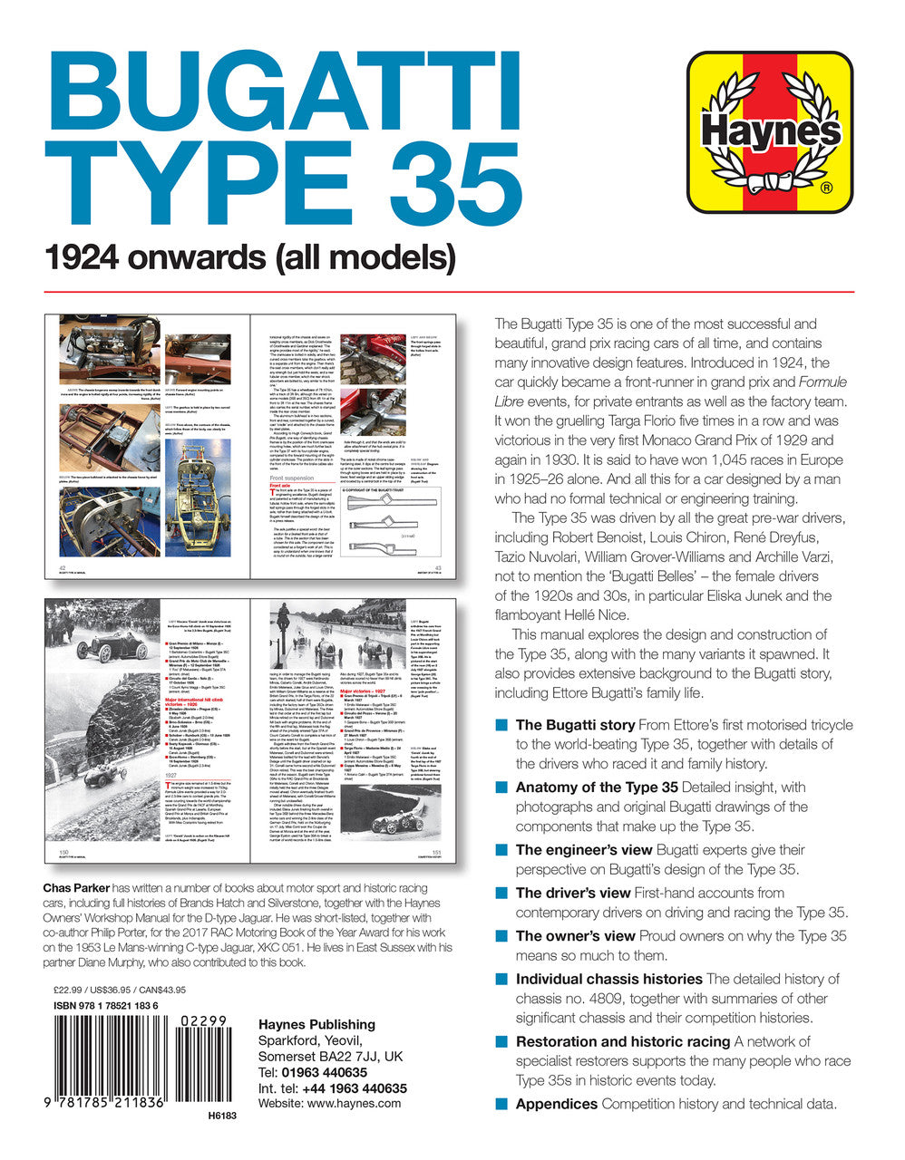 Bugatti Type 35 1924 onwards workshop manual book cover with Haynes logo and title