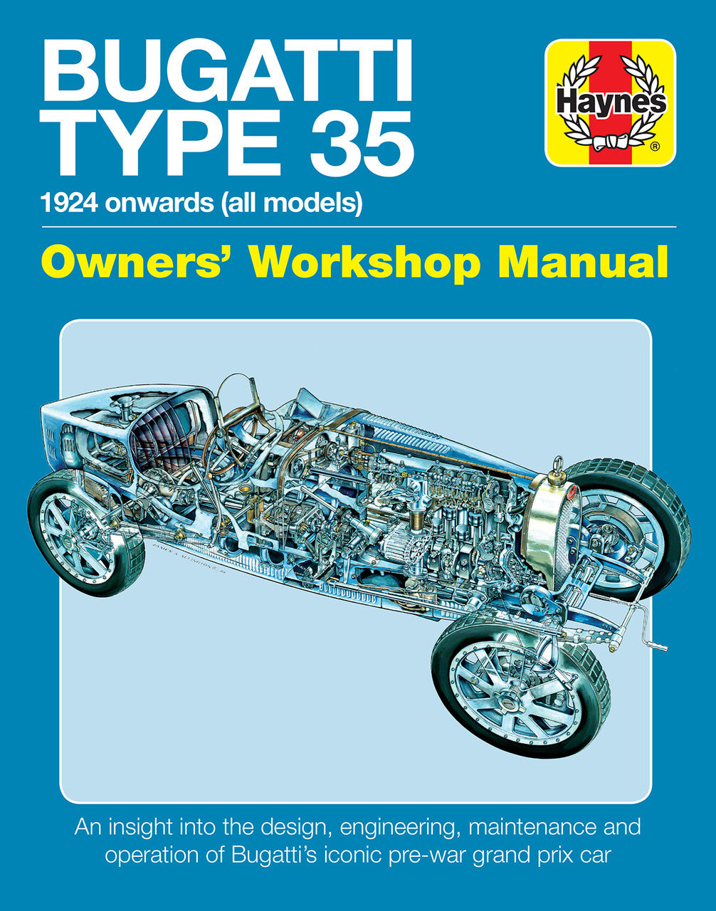 Bugatti Type 35 Owners' Workshop Manual cover with blue engine cutaway illustration