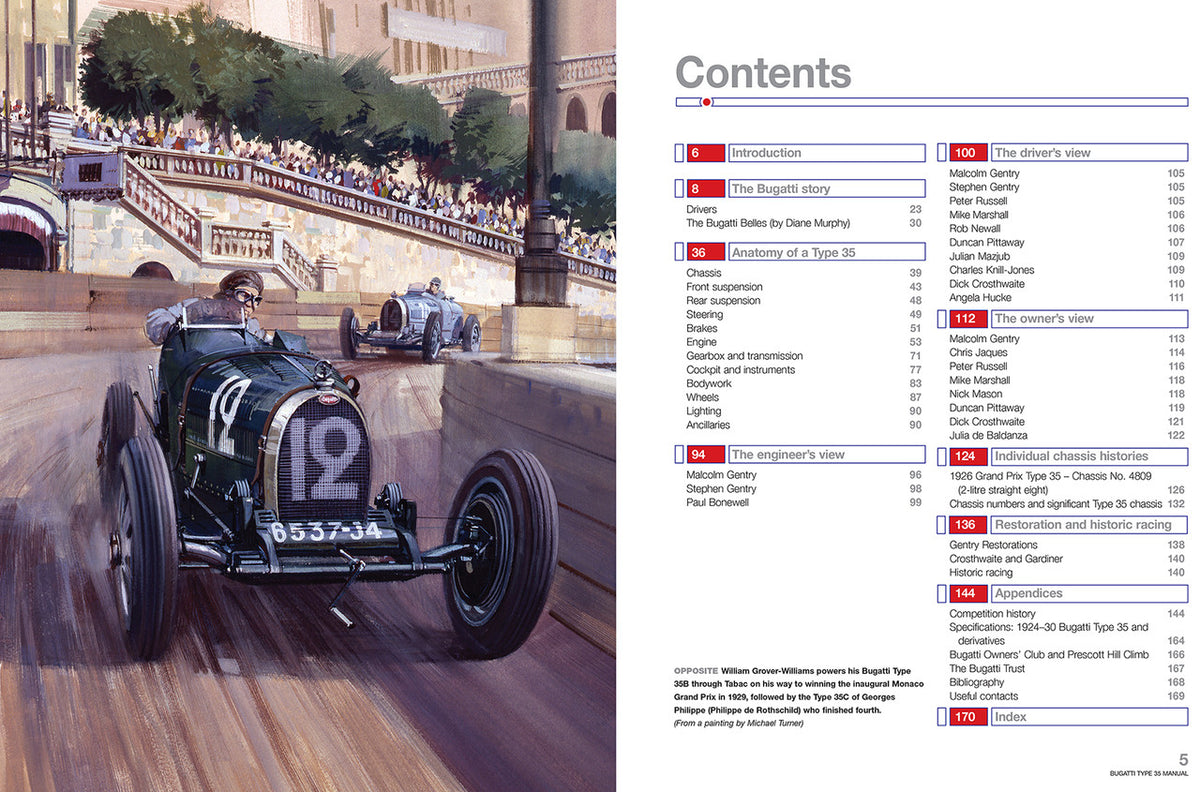 Bugatti Type 35 workshop manual open spread with vintage car photo and contents page