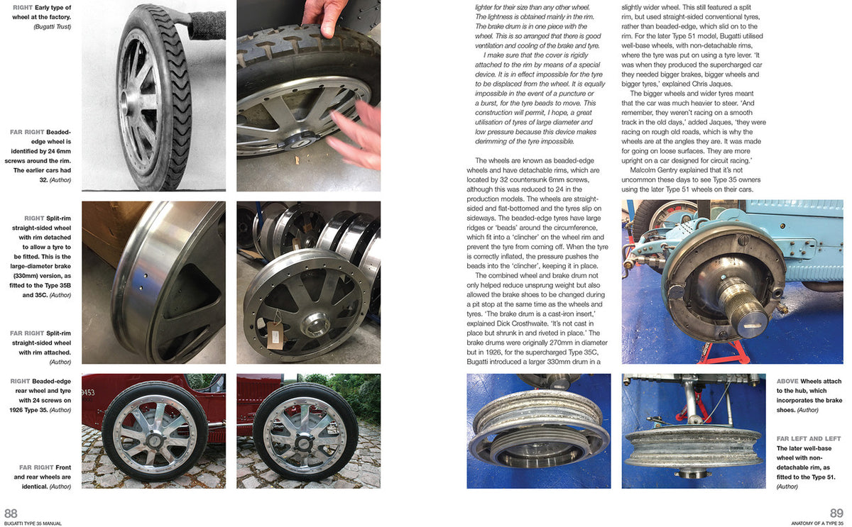 Bugatti Type 35 workshop manual open pages with wheel and axle inspection photos