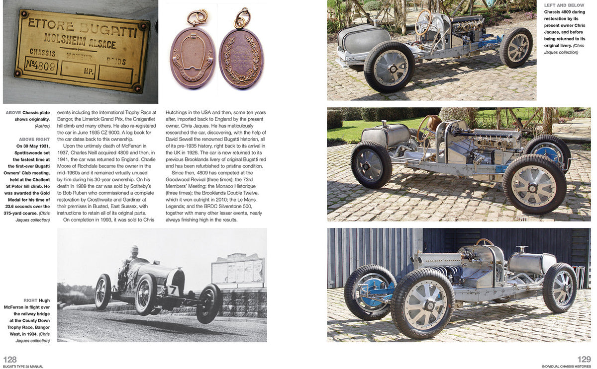 Bugatti Type 35 workshop manual page spread with vintage photos, key tags, and text