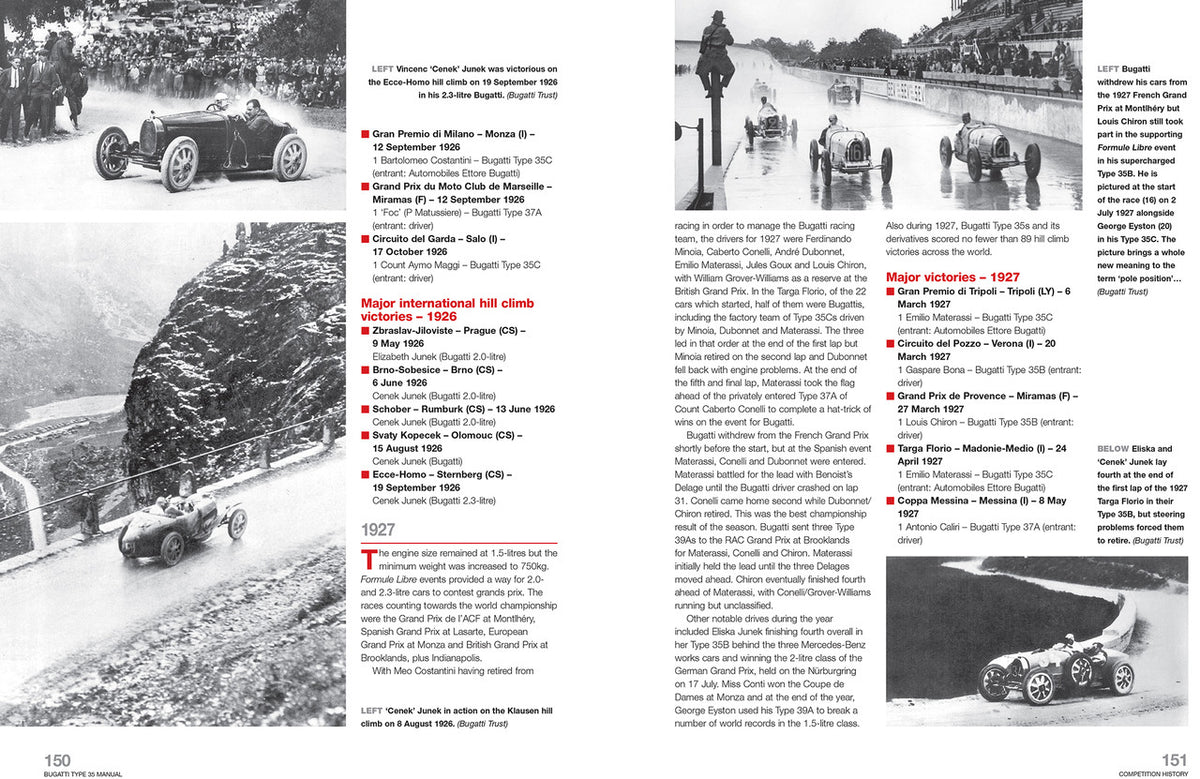 Bugatti Type 35 workshop manual open spread with black-and-white car photos and captions