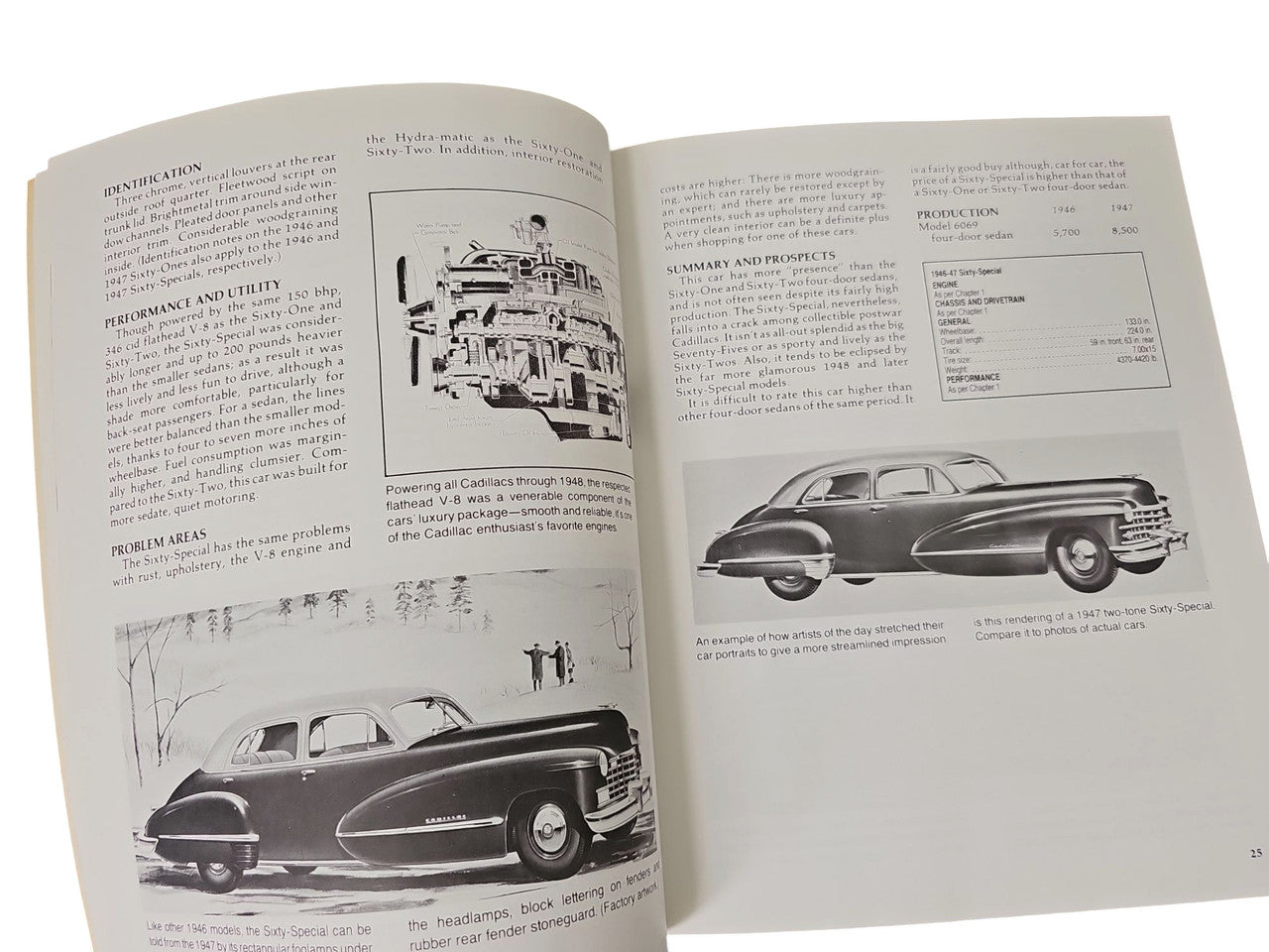 Vintage auto buyer's guide book open to pages with car diagrams and text