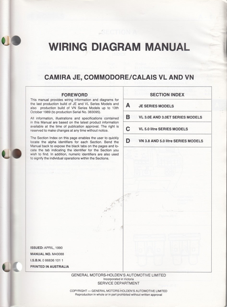 Holden Camira, Commodore, Calais JE VL VN Series Wiring Diagram Manua