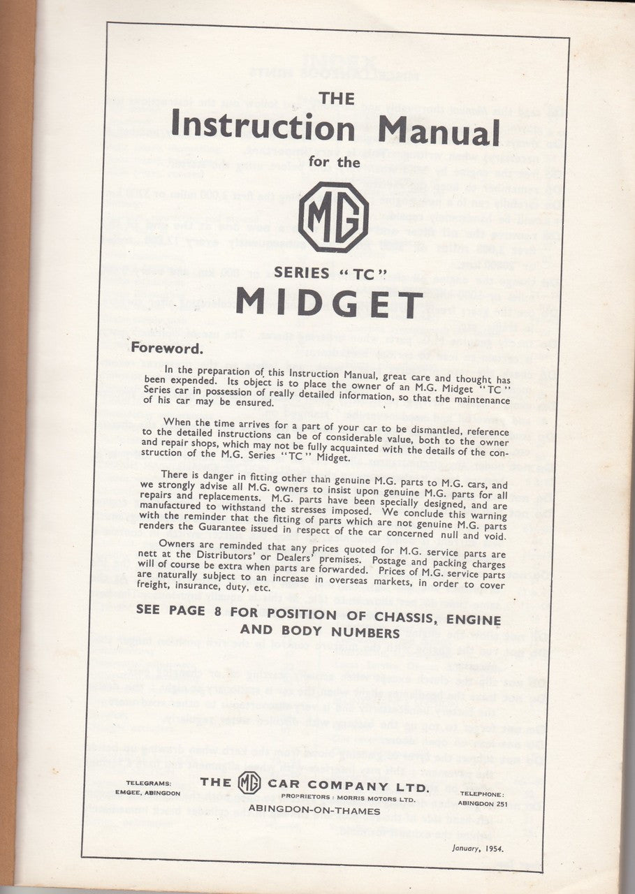 Genuine Instruction manual for the MG Midget series TC - AKD 663