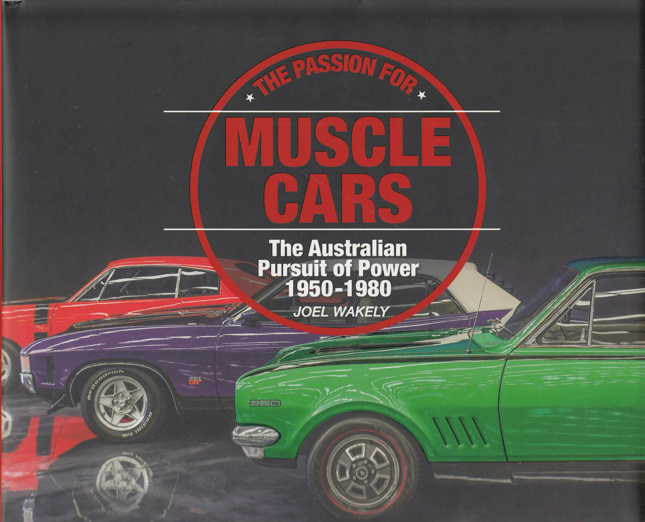 Muscle cars book cover with red logo, green and purple classic cars