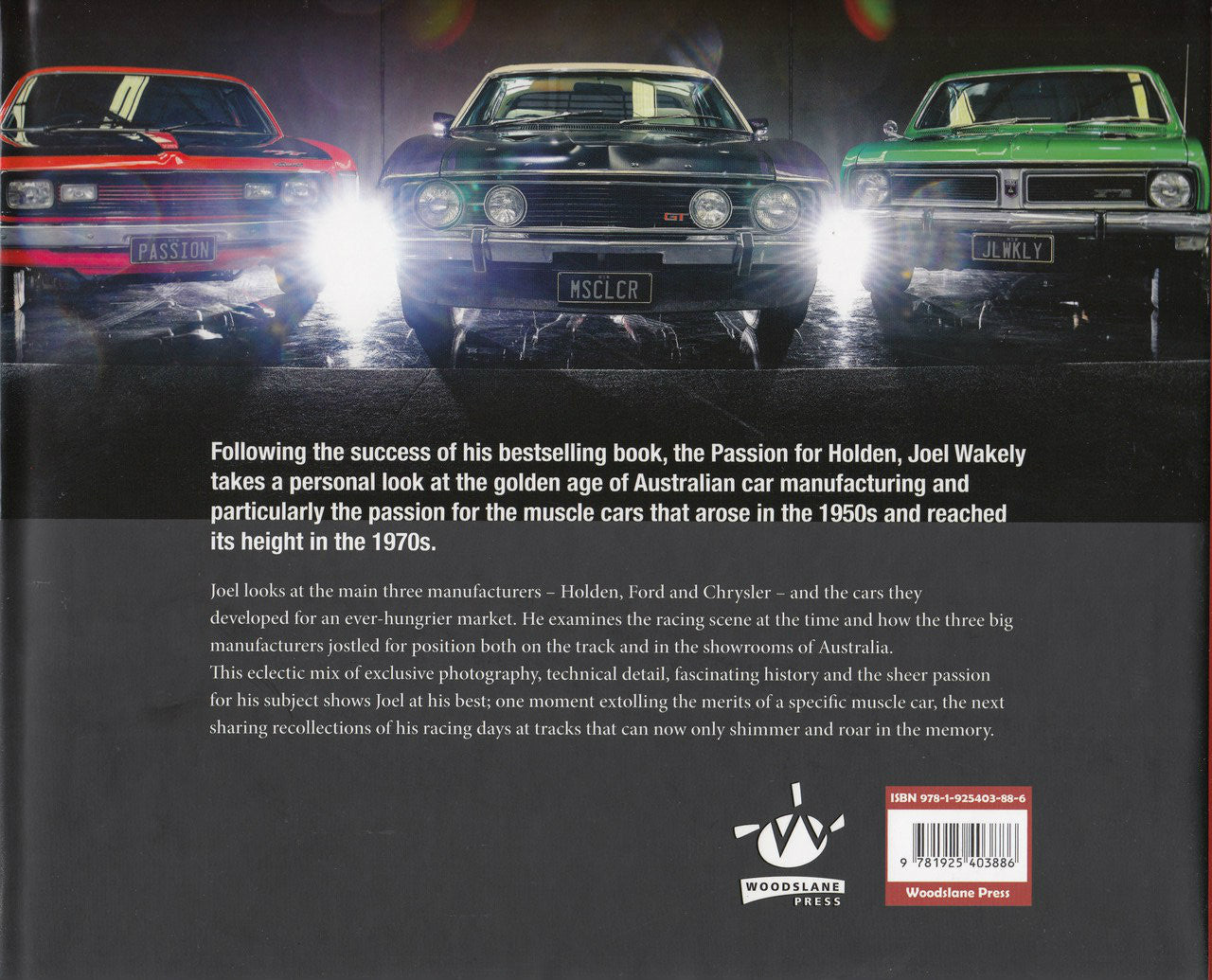 Muscle cars book, back cover with three classic cars and white text block