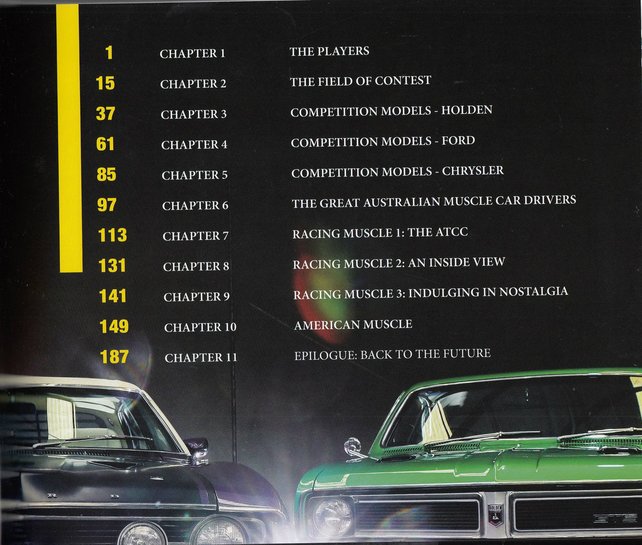 Muscle cars book page, table of contents with chapter numbers and titles