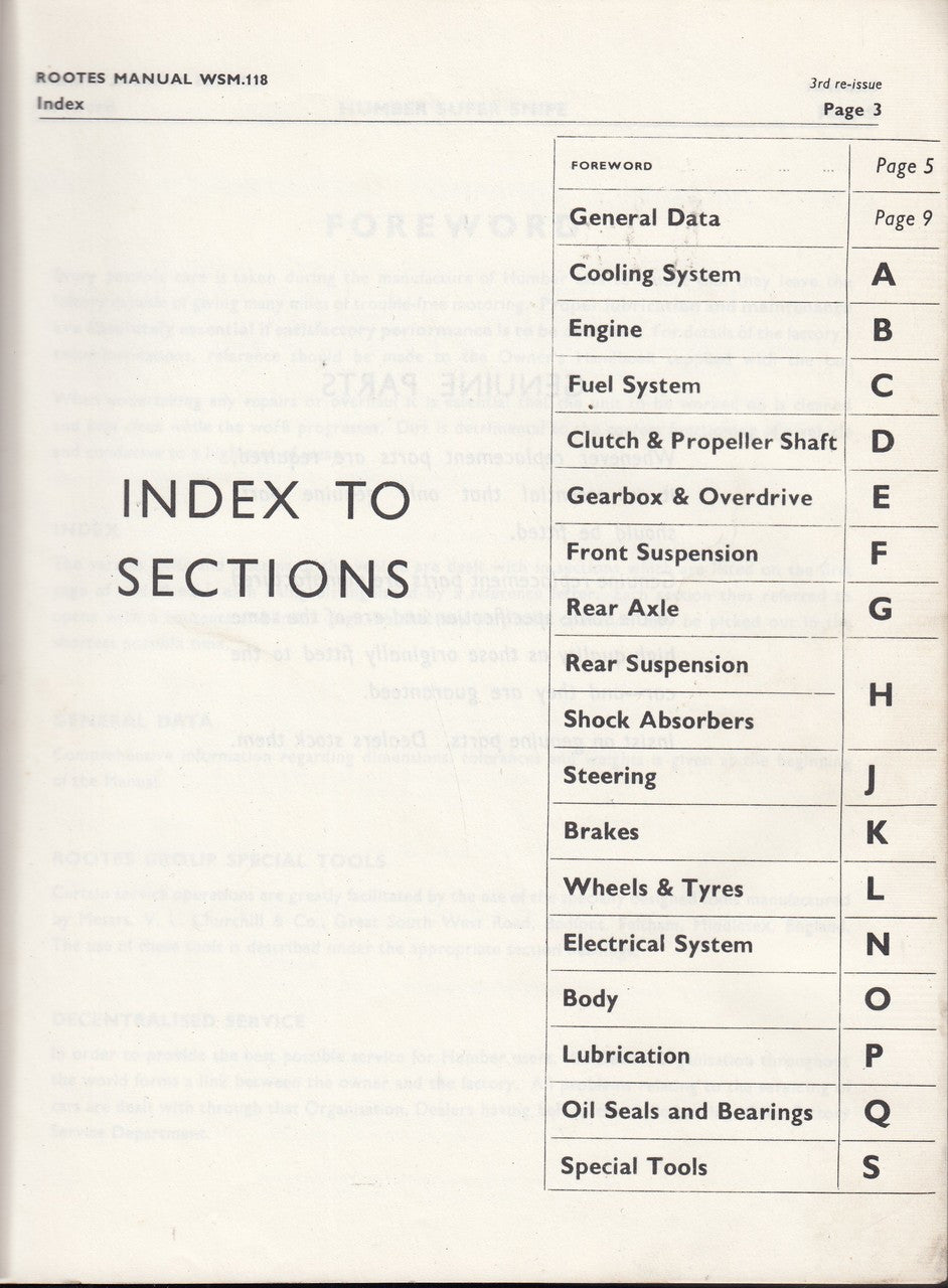 Workshop manual index to sections page with headings and page code letters