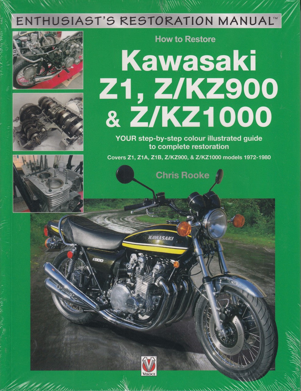 Motorcycle restoration guide book, green cover with Kawasaki Z1 bike photo and step-by-step title