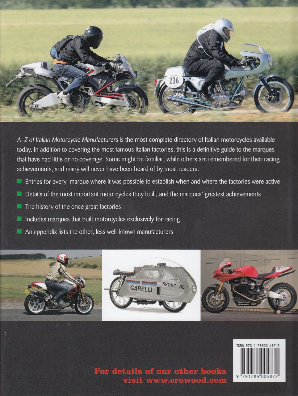 Italian motorcycle manufacturers reference book page with text blocks and small bike photos