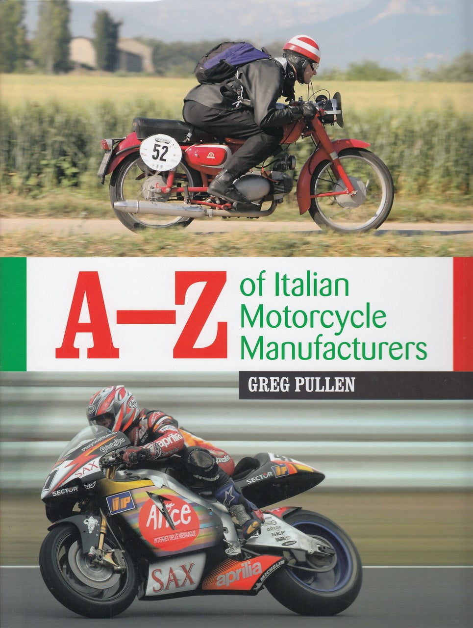 A-Z of Italian motorcycle manufacturers book cover with red title, author name, and bike photo