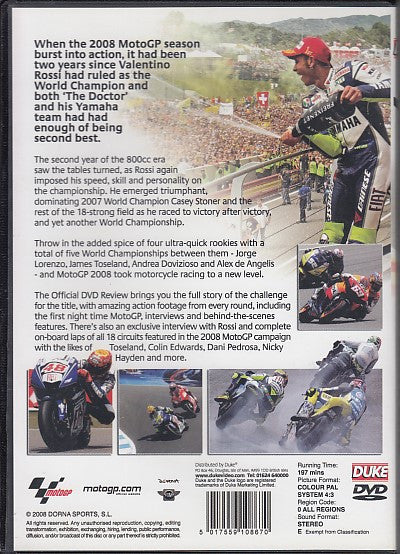 MotoGP official review DVD back cover with text and rider action photos