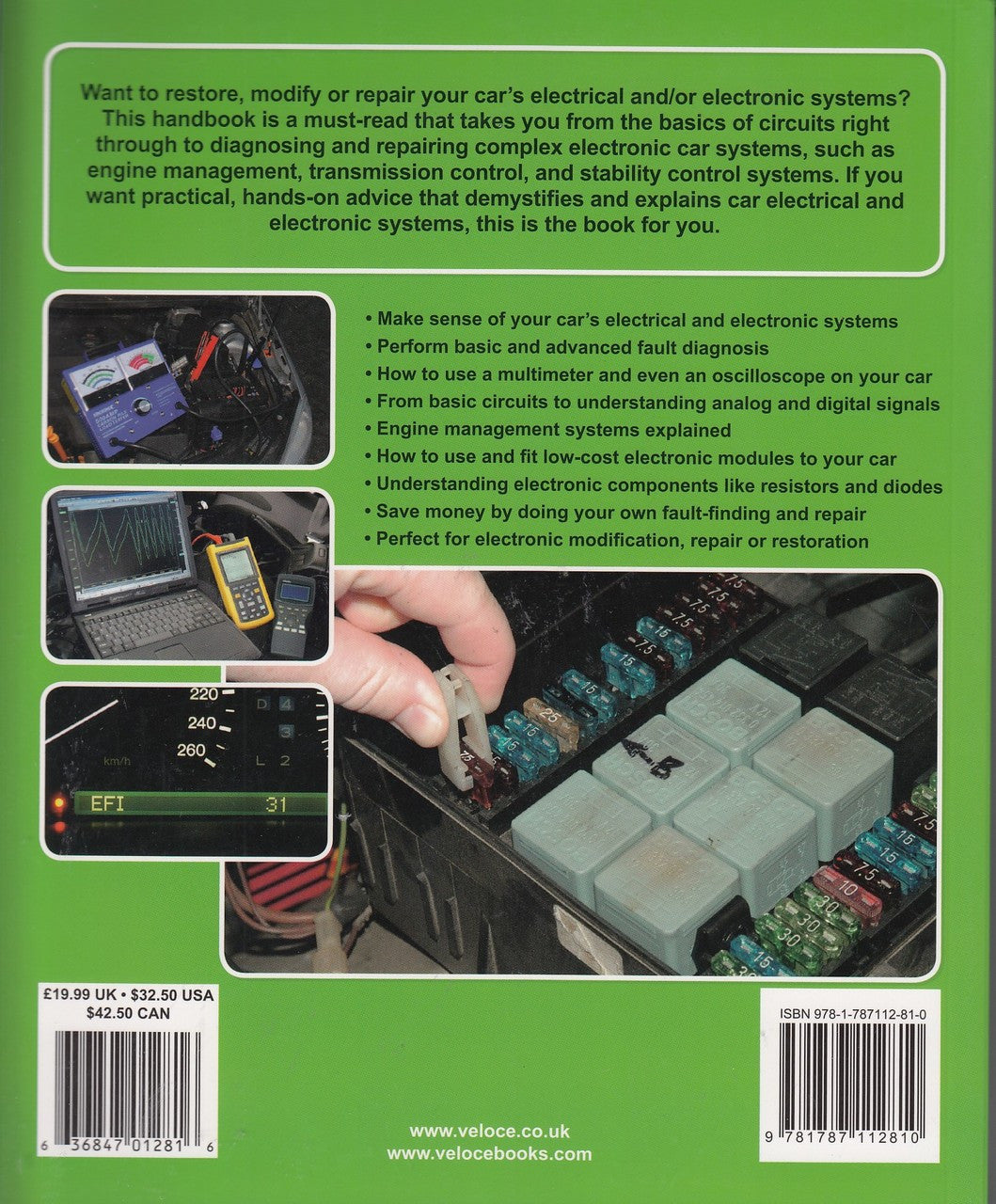 Automotive electrical systems workshop book with circuit board artwork and wiring close-up