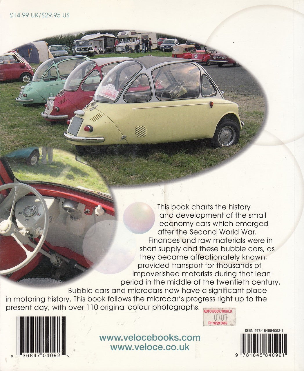 Paperback book back cover with classic microcar photos and synopsis text blocks