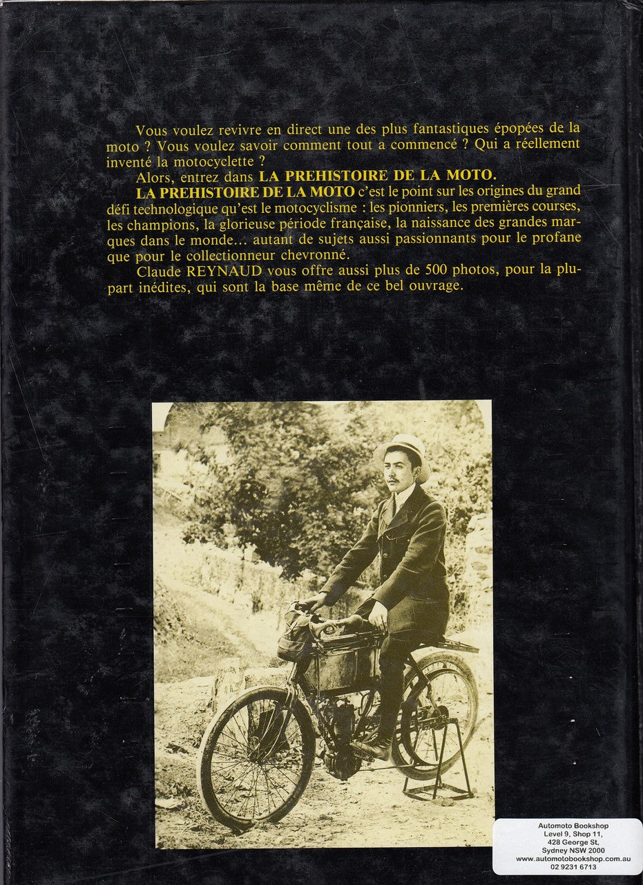 Hardcover book back cover with French text and sepia photo of early motorcycle