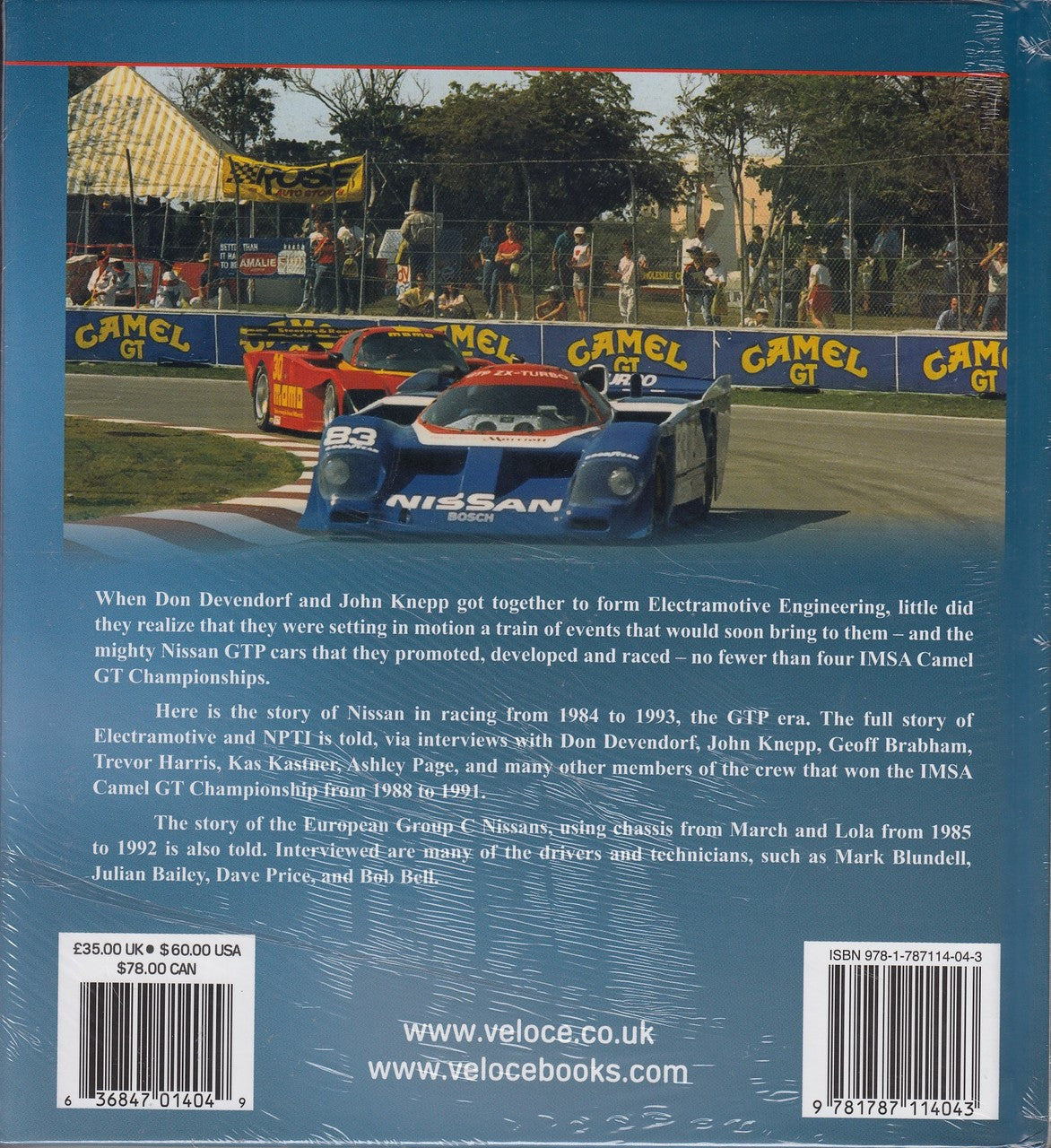 Motorsport book back cover with racecar photo and dense text blocks