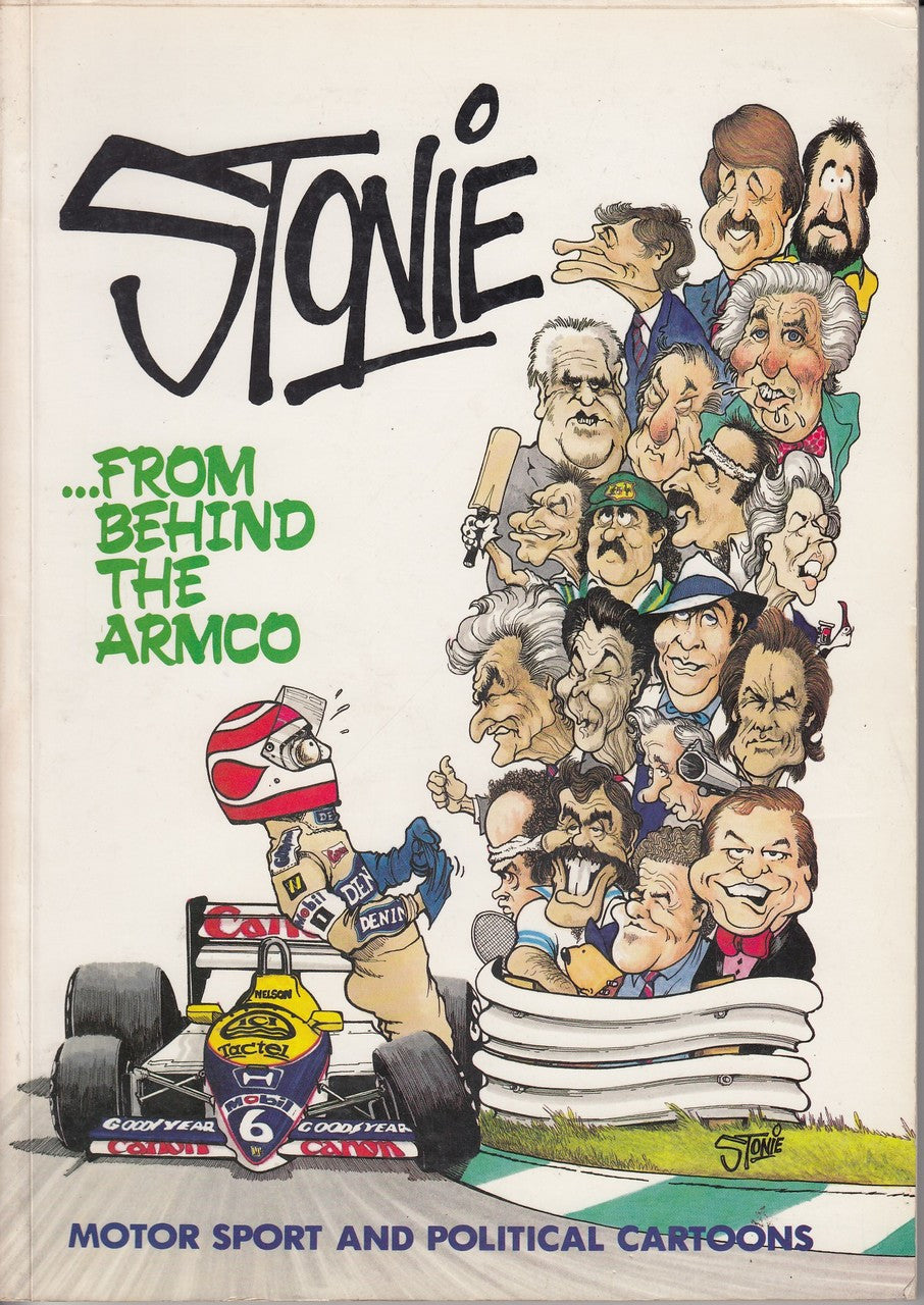 Signed cartoon collection book cover with “Stonie” title, collage of faces, cars