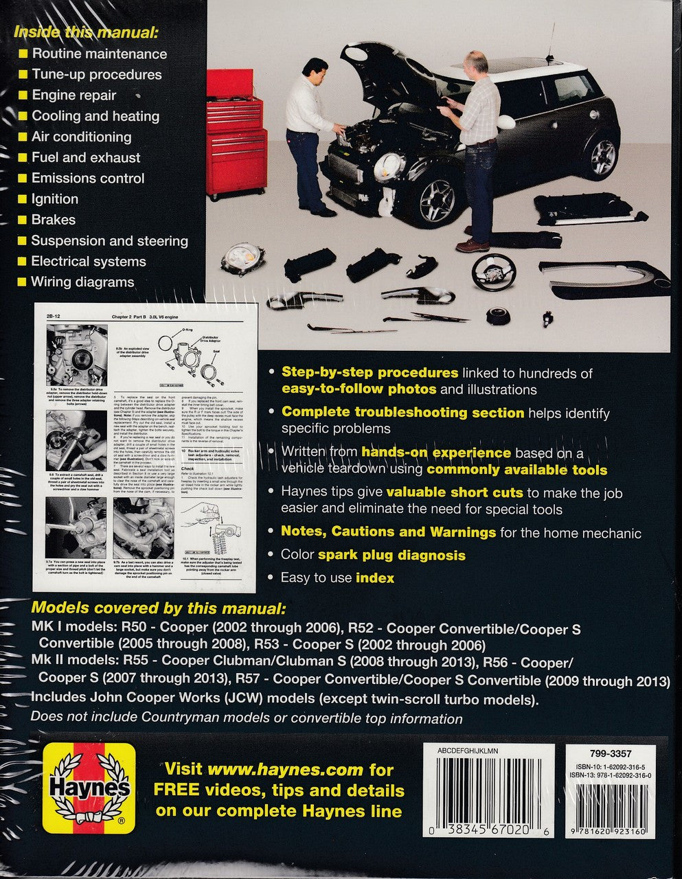 Workshop manual for Mini Cooper 2002–2013, open pages with diagrams and notes