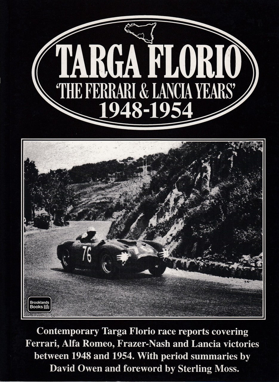 Targa Florio motorsport book cover with Ferrari and Lancia years 1948–1954 text and track photo.