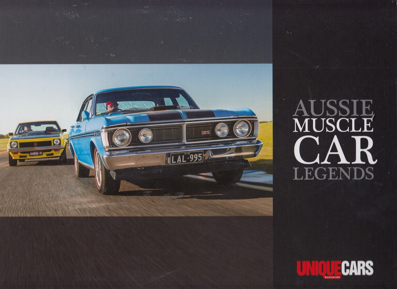 Aussie Muscle Car Legends magazine cover with blue classic muscle car and title