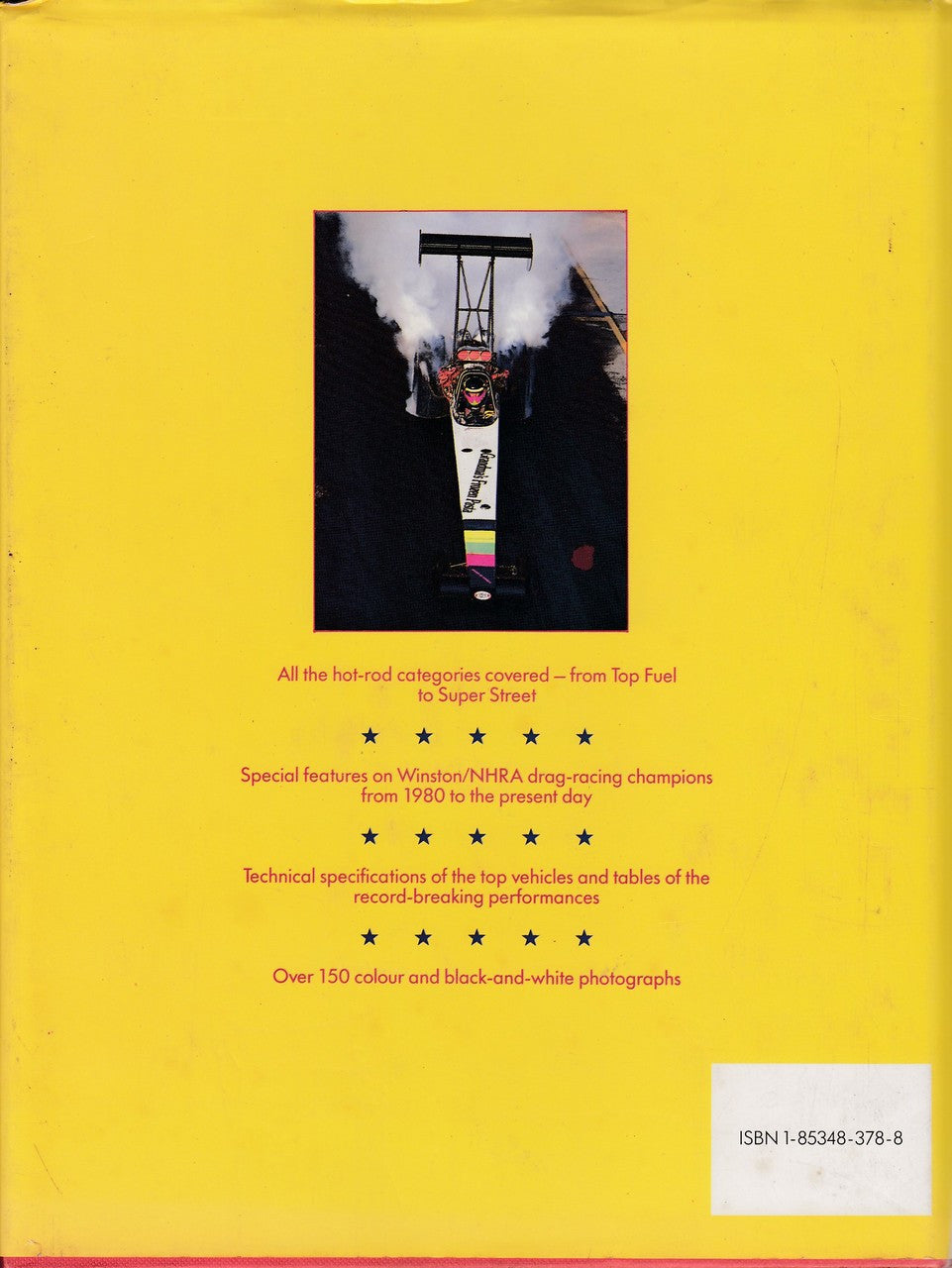 Paperback book back cover with yellow design and small car photo, text blocks