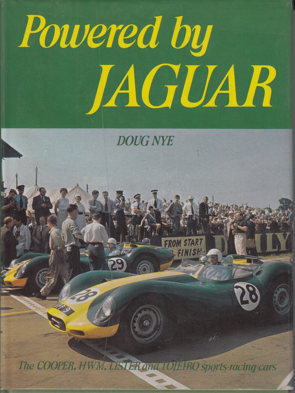 Sports-racing cars book cover titled Powered by Jaguar in yellow on green