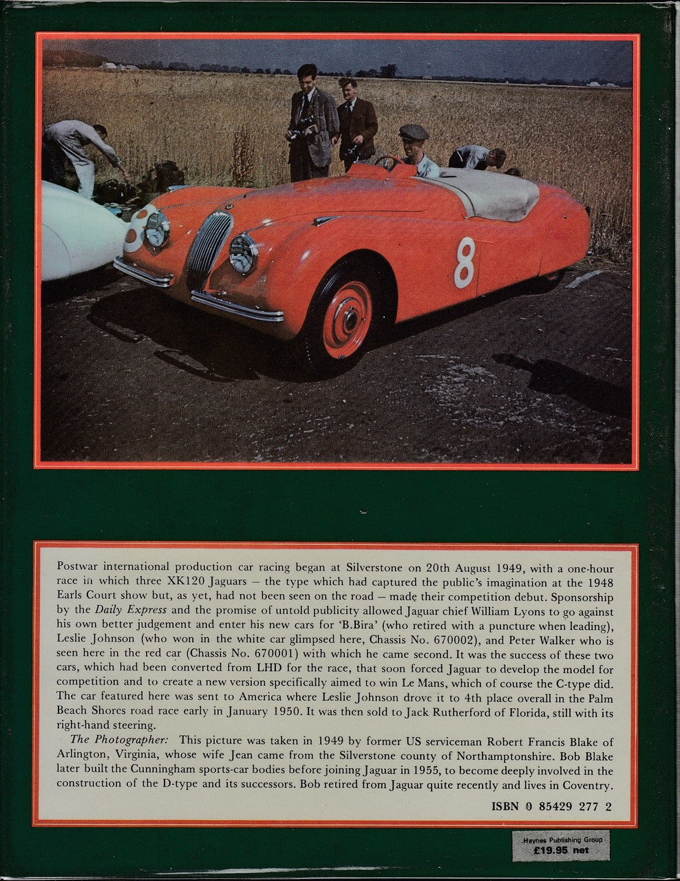 Jaguar sports racing book, back cover with orange-red race car photo and description text