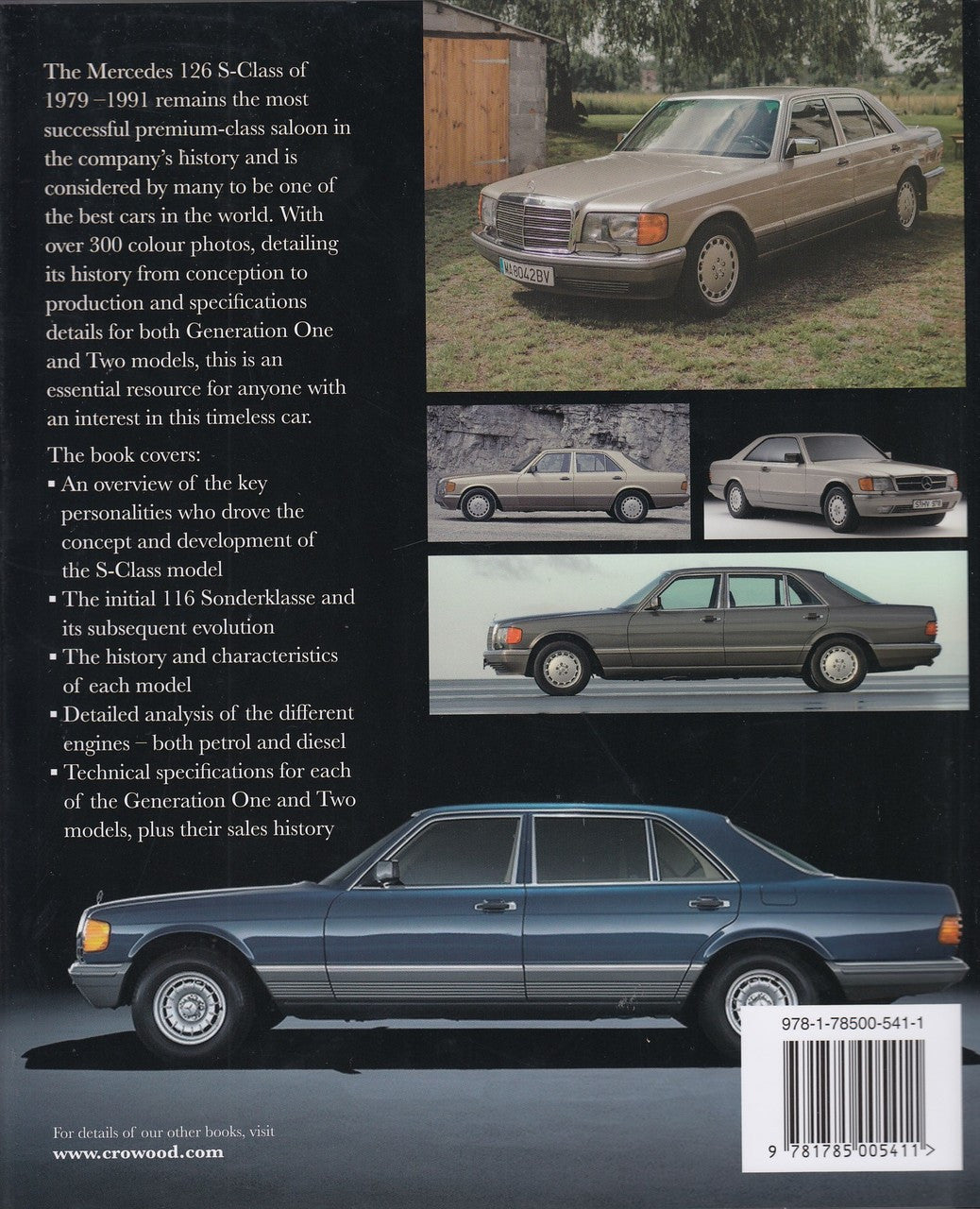 Mercedes-Benz W126 S-Class 1979-1991 book page with car photo collage and specs text