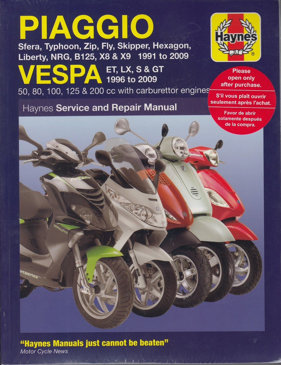 Piaggio Vespa service and repair manual cover with lineup of scooters